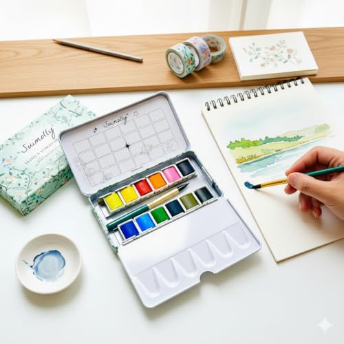 Watercolor Paint Set, 12 Colors Half Pans with Brush, Travel Portable Metal Tin Palette for Adults and Artists - color: basic color
