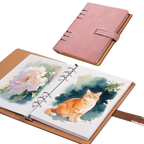 Professional Watercolor Sketchbook with 6-Ring Binder, 20 Sheets 300GSM/140lb 100% Cotton Acid-Free Cold Press Paper, 9.25" x 6.3" Textured Art Journal for Artists, Students & Adults (Pink) - color: Pink
