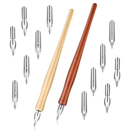 14pcs Oblique Calligraphy Nibs Pen Comic Pen Nibs Set Fluid Writer Pens | Wooden Drawing Pen Holder with 12 Pieces Stainless Steel Pen Replacement Nibs Nib for Writing, Signing, Painting, Sketch - color: brown+wood