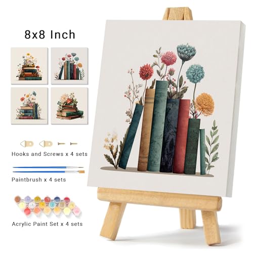 4 Pack Framed Paint by Numbers Kit for Adults Beginner Book Adult Paint by Number Kits on Canvas Flower Painting by Numbers for Adults with Frame Floral DIY Painting Kits for Home Wall Art 8x8 Inch - color: NZT3134, size: 8x8 Inch