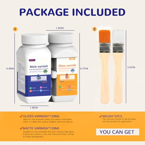 240ml Air Dry Clay Glaze, Clay Paint for Pottery Air Dry, Clay Paint High Gloss, Waterproof, Clay Glaze Set with 120ml Matte Varnish and 120ml Gloss Varnish, 2 Brushes.