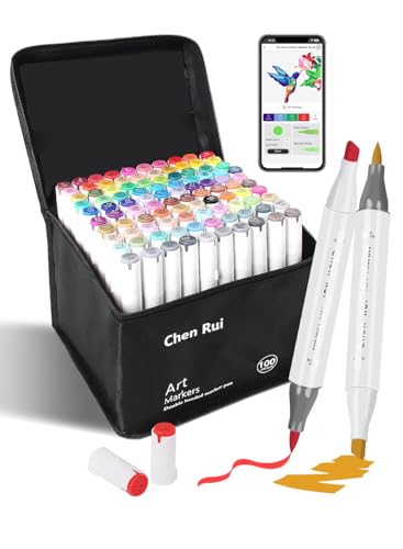 100 Colors Alcohol Markers Brush and Chisel Tip with APP Chen Rui Markers | Dual Tips | Alcohol-Based | Blendable | Non Toxic | No Bleeding | for Artist Adults Coloring Drawing Illustration Sketching - color: 100 Colors
