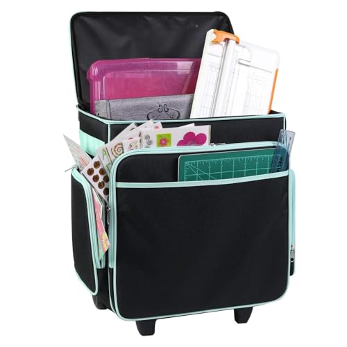 Everything Mary Rolling Scrapbook Tote – Black & Teal Craft Bag with Wheels – Organizer Case for Scrapbooking, Papercraft, Art Supplies & Creative Tools - color: Black