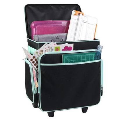 Everything Mary Rolling Scrapbook Tote – Black & Teal Craft Bag with Wheels – Organizer Case for Scrapbooking, Papercraft, Art Supplies & Creative Tools - color: Black