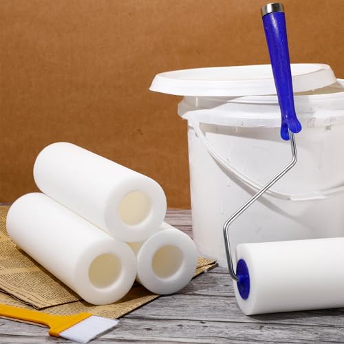 Leumoi 4 Pcs 9 Inch Foam Paint Rollers with Roller Frame Kit, High Density Foam Paint Roller Covers for Painting Doors Wall Houses Cabinets Ceilings Furniture Flat Surfaces