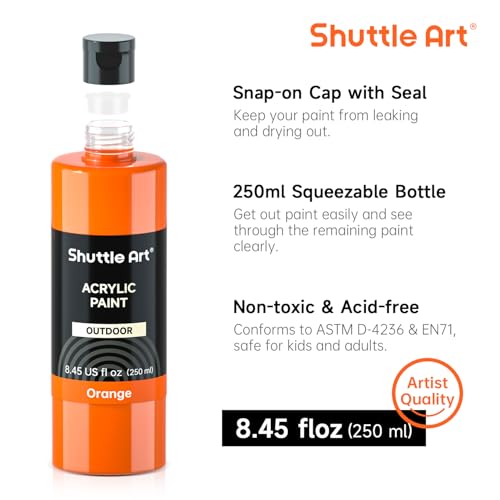 Shuttle Art Outdoor Acrylic Paint Set, 12 Colors Waterproof Paint, 8.45oz/250ml Large Bottles, Rich Pigmented Bulk Painting Supplies for Artists, Beginners on Rocks, Wood, Wall, Crafts, Garden Statues | Highly pigmented, non-toxic acrylic paints in bottle