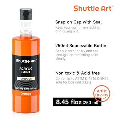 Shuttle Art Outdoor Acrylic Paint Set, 12 Colors Waterproof Paint, 8.45oz/250ml Large Bottles, Rich Pigmented Bulk Painting Supplies for Artists, Beginners on Rocks, Wood, Wall, Crafts, Garden Statues | Highly pigmented, non-toxic acrylic paints in bottle