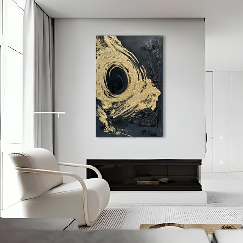 Art Hand-Painted Black and Gold Abstract Texture Oil Painting Modern Canvas Wall Art Deco 45x30 inches - color: Yi092