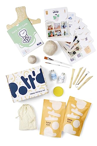 Pott'd Pottery Kit, Air Dry Clay Kit for Adults & Beginners | At Home Pottery Making Kit with Air Dry Clay, Tools, Paints, Brushes, Sealant and Step-by-Step Guide - style: Without Paints