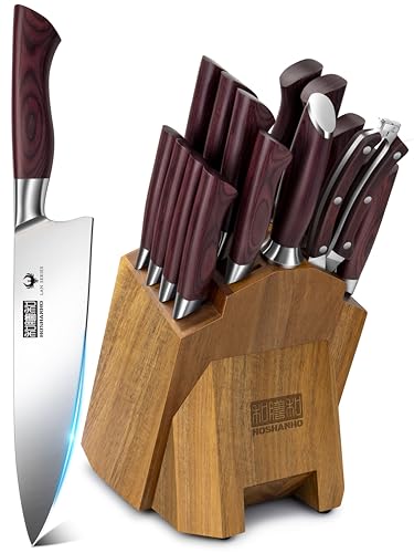 HOSHANHO 18PCS Kitchen Knife Block Set, Sharp Chef Knives with Sharpener | Super Sharp High Carbon Stainless Steel Cooking Knife Set, Professional Cutlery Knife Set with Sharpener, Ideal Home Gift Set - size: 18 Pieces Knife Set