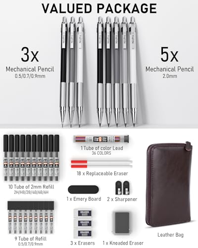 Nicpro 38PCS Art Mechanical Pencils Set in Leather Case | 3 PCS Metal Drafting Pencil 0.5/0.7/0.9/5 PCS 2mm Lead Holder (6B 4B 2B HB 2H 4H Colors) For Sketching With 20 Tube Lead - size: 38PCS