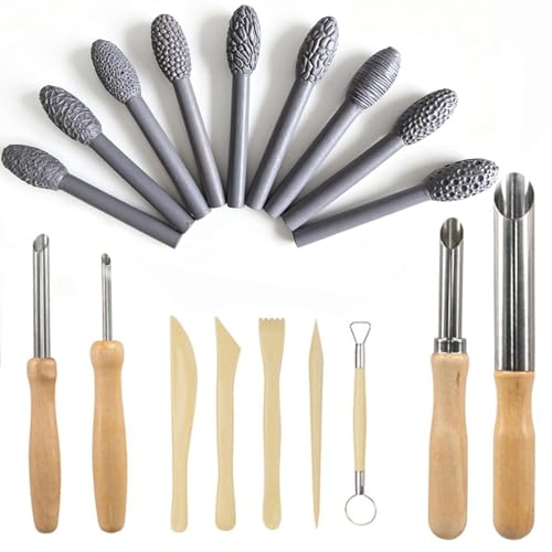 Clay Texture Roller for Art Projects,5/9/18pcs Modeling Pattern Rollers Kit, Single Head/Double Head, Roller Stick, Clay Bead Roller,Clay Texture Tools for Art (Single Head 9pcs+Pottery Tools 9pcs) - color: Single Head 9pcs+Pottery Tools 9pcs
