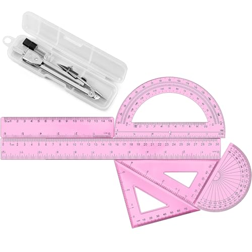 Zonon 7‑Piece Geometry Set with Drawing Compass, 6 & 4 Inch Protractors, Triangle Rulers and Straight Rulers, Transparent Math Drafting Supplies for Back to School, Students and Office Use(Pink) - color: Pink