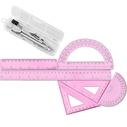 Zonon 7‑Piece Geometry Set with Drawing Compass, 6 & 4 Inch Protractors, Triangle Rulers and Straight Rulers, Transparent Math Drafting Supplies for Back to School, Students and Office Use(Pink) - color: Pink
