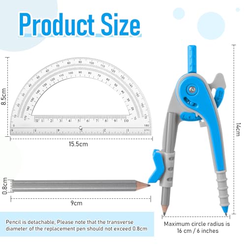 EBOOT Student Geometry Math Set, Drawing Compass and 6 Inch Clear Swing Arm Protractors 180 Degree Math Protractor(Blue) - color: Blue