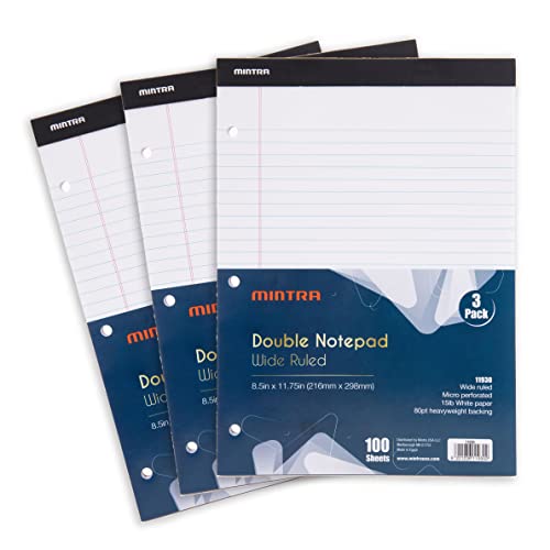 Mintra Office White Legal Pads – Ruled Notepads and Micro-Perforated Sheets, Ideal for Writing, Note-Taking & Creativity, Office, or Professional Use, Double Pad 3 pack, 8.5"x11" (Wide Ruled) - color: White - Double Pad, size: Wide