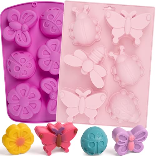 Sakolla 2 Pack Insect Silicone Soap Molds, 6-Cavity Dragonfly Butterfly Ladybug Shape Silicone Molds for Soap Making, DIY Baking Mold for Lotion Bars, Chocolate, Candy, Muffin, Biscuit, Cookie Pans - color: Butterfly