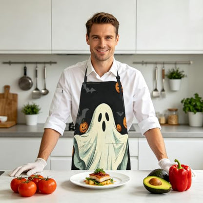 Halloween Aprons Ghost Bat Jack-O-Lantern Kitchen Apron with 2 Pockets Waterprrof Cooking Apron with Adjustable Neck Strap for Baking Crafting Gardening - color: Halloween-ghost