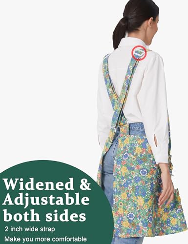 Cozy Adjustable Cross Back Aprons for Women with Pockets Cotton Linen Cooking Kitchen Baking - color: Colorful Floral