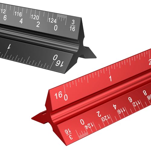 Rena Chris 2PCS Architectural Scale Ruler: 12" Imperial Aluminum Alloy Metal Architecture Measuring Tools, Engineering Drafting Construction Drawing Blueprints Triangular Architect Scaling Rulers - color: Red+Black