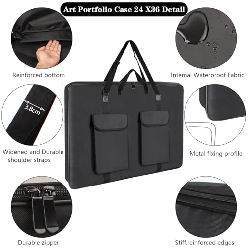TreochtFUN Hard Side Art Portfolio Bag 24 X 36, Upgrade With Metal Frame | Heavy Duty Art Carrying Rigid Case,Sturdy Fabric For Artwork, Advertising,Canvas,Boards,Screen Monitors & Displays (Black)