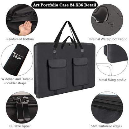 TreochtFUN Hard Side Art Portfolio Bag 24 X 36, Upgrade With Metal Frame | Heavy Duty Art Carrying Rigid Case,Sturdy Fabric For Artwork, Advertising,Canvas,Boards,Screen Monitors & Displays (Black)