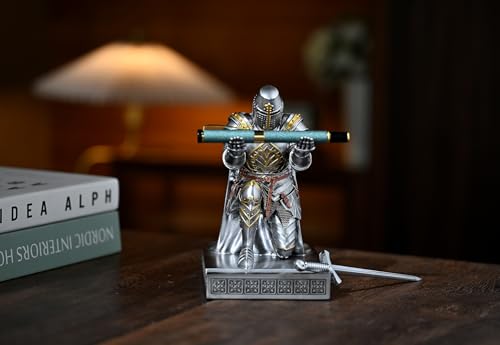 Medieval Templar Vanguard Officer Knight Pen Holder Desk Organizers Silver | Pencil Stand Paperweight Desktop Decoration Accessories Cell Phone Stand with a Fancy Sword for Medieval Warrior Enthusiast - color: Silver