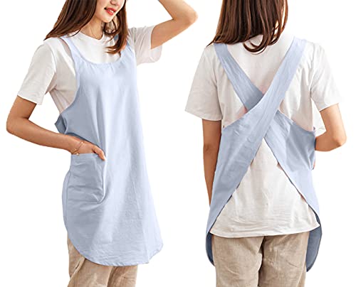 Cotton Cross Back Aprons Solid Color Cooking Kitchen Garden Smock for Women Girls with Pockets - color: Blue