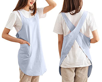 Cotton Cross Back Aprons Solid Color Cooking Kitchen Garden Smock for Women Girls with Pockets - color: Blue