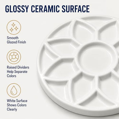 7 Inch Ceramic Watercolor Palette, Round White Flower Paint Tray | Petal-shaped color wells surround a center mixing area for watercolor, gouache, acrylic, ink and everyday art projects.