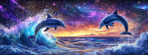 Yomiie Large 5D Diamond Art Kits for Adults, Dolphins Diamond Painting Art Landscape DIY Full Round Drill Kits, Embroidery Rhinestone Diamond Crystal Craft Canvas Home Wall Decor 31.5x11.81 inch - color: Rainbow Dolphins