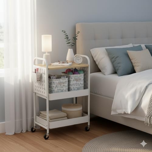 3 Tier Rolling Cart with Wooden Table Top, White Rolling Utility Cart with DIY Pegboards & Locked Wheels, Easy Assembly for Nursery, Living Room, Studio - color: White