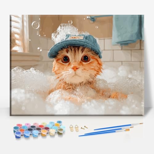 Aeontinity CAT Bathroom Animal Framed Canvas DIY Paint by Numbers Kit Bar Cafe Cave Home Room Wall Bathroom Porch Patio Decor Gift, 16 x 12 Inch - color: CAT BATHROOM