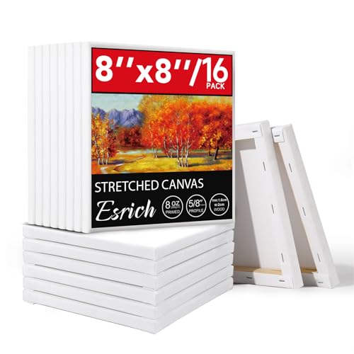ESRICH Stretched Canvas for Painting, 16 Pack 8x8 Square Canvases for Painting Primed Acid-Free Blank Canvases,Painting Canvas for Beginners, Artists for Oil,Acrylic Paint, Pouring Painting. - size: 8x8in-16P