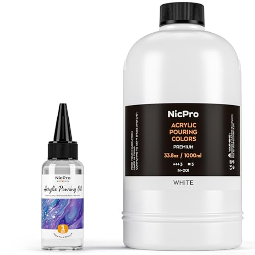 Nicpro Titanium White Color Acrylic Pour Paint, 33.8oz Pre-Mixed Pouring | Paint Supplies with Silicone Pour Oil & Gloves for Canvas, Rock, Wood Cell Creation Flow DIY Art Painting, Ready to Pour - color: 33.8oz-white