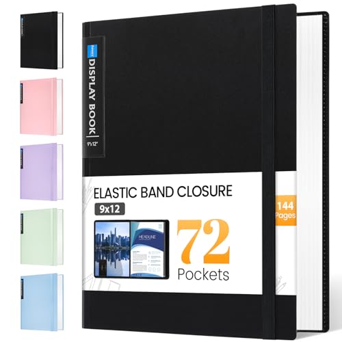 Sooez Art Portfolio 9"x12", 72 Pockets Large Portfolio Folder Display | 144 Pages, Binder with Plastic Sleeves&Elastic Band, Presentation Book with Clear Sheet Protector for Artwork Organizer - color: Black