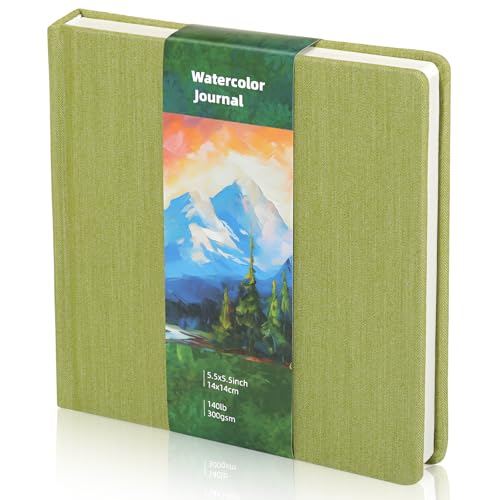 Dispowreath 5.5 x 5.5 in Watercolor Sketchbook Journal Square Watercolor Notebook Cold Press 140lb 300gsm Cotton Paper 48 Pages Journals Notebook Paper Pads(Green) - color: Green, size: 5.5x5.5 in