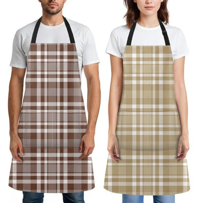 Apron with Pockets, 32x28 inch, 2 Pack, Khaki Champagne | Checkered Tartan Plaid Adjustable Bib with Pockets for Women Men Couple Lovers Chef Home Baking Gardening - color: Khaki Brown