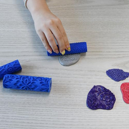 3Pcs 3Styles Polymer Clay Texture Roller Plastic Floral Embossed Pattern Handle Clay Texture Roller Pottery Tools for Pottery & Crafting Mixed Shapes Blue - color: Blue