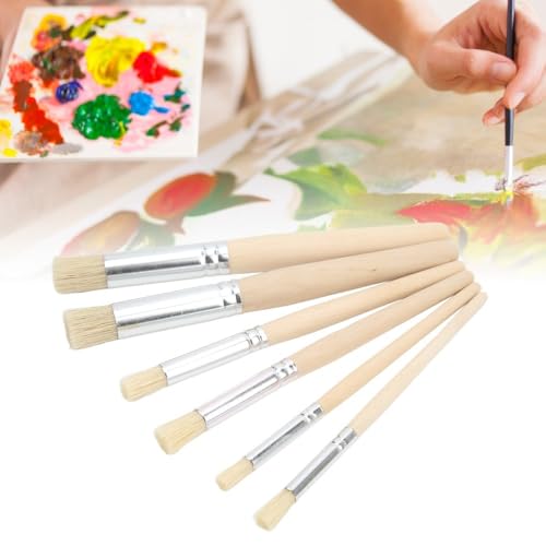 6 Pcs Round Brush Tip Wooden Stencil Paint Brushes Set Wood Handle Stiff Brushes for Acrylic, Oil, Watercolor Painting and Texture Art Creation