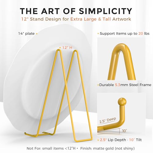 TR-LIFE 12 Inch Large Plate Stands/holder for Display - Metal Picture Frame Holder Stand + Small Easels for Platter, Book, Plaques, Photo, Tabletop Art (Gold 2 Pack) - size: 12 Inch