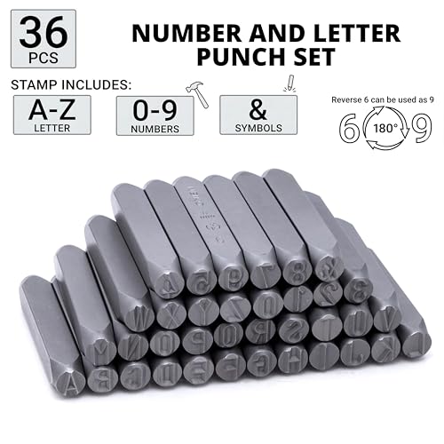 NEIKO 02625A Number and Letter Punch Set with Heat-Treated Steel Punches, Imprinting & Arts and Crafts, 5/16" (8MM) Shaft, 36 Pc Stamp Set, Uppercase Letter & Number Punch Set (A-Z / 0-8 / "&" Symbol) - size: 8mm - 5/16"