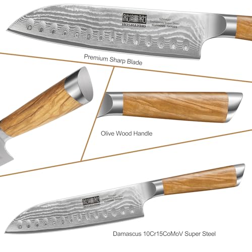 HOSHANHO Damascus Kitchen Knife Set 3PCS, Sharp Chef/Santoku/Fruit Knives | Professional Cooking Knife Set | Japanese Super Steel | 15° Edge | 62 HRC | Ergonomic Olive Wood Handle | Housewarming Gift - style: 3 Pieces Knife Set