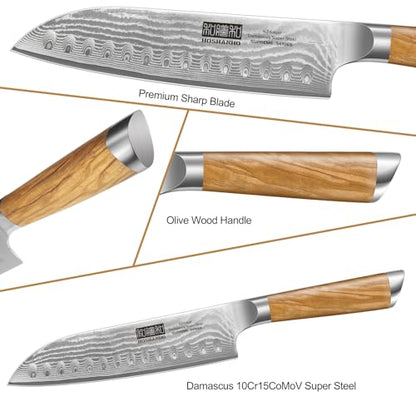 HOSHANHO Damascus Kitchen Knife Set 3PCS, Sharp Chef/Santoku/Fruit Knives | Professional Cooking Knife Set | Japanese Super Steel | 15° Edge | 62 HRC | Ergonomic Olive Wood Handle | Housewarming Gift - style: 3 Pieces Knife Set