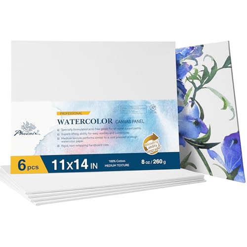 PHOENIX Watercolor Canvas Boards for Painting - 11x14 Inch/6 Pack, 100% Cotton Water Color Canvas Panels, 8 Oz. / 260g White Blank Medium Texture Flat Canvases for Water Based Paints - size: 11"x14", style: Canvas Panel