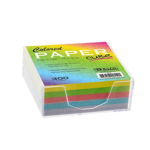 BAZIC Products Color Paper Cube with Tray, 300 Sheets, 2.95 in, 36-Case | 300-sheet color paper cube, 2.95 x 2.95 in (75 x 75 mm), clear holder tray for quick notes and reminders - size: 36-Pack