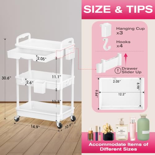 Goovilla Rolling Makeup Organizer Cart with Removable Drawer, 3 Tier White | Stable Floor Skincare Storage Cart for Vanity, Cosmetic Display, Nail Polish, Perfume, Hair Stuff, Beauty, Bathroom(Plastic) - color: White, size: 3 Tier