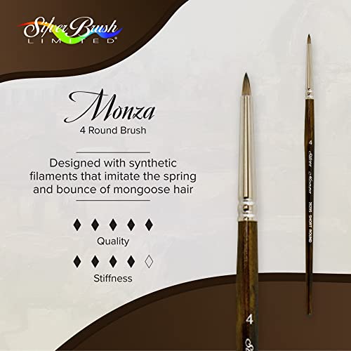 Silver Brush Limited Monza Short Round Oil and Acrylic Paintbrush, Size 4 | Short Handle, Fine Point Stiff Synthetic Mongoose Bristle, Thin and Broad Lines, Superb Paint Absorbency, Tabletop Painting - size: Size 4