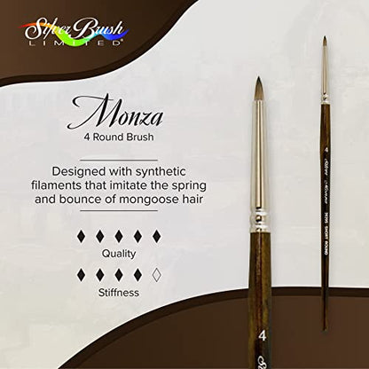 Silver Brush Limited Monza Short Round Oil and Acrylic Paintbrush, Size 4 | Short Handle, Fine Point Stiff Synthetic Mongoose Bristle, Thin and Broad Lines, Superb Paint Absorbency, Tabletop Painting - size: Size 4