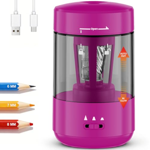 Electric Pencil Sharpener for Classroom, Fully Automatic, Magenta Pink | Type-C Rechargeable, Auto In/Out, 2000mAh Built-in Battery, Fast Sharpen, For 6-8mm No.2&Colored Pencils, Home, School Office - color: Magenta Pink